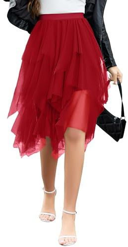 Wikoan Women's Tulle Skirt Multilayer Mesh Pleated Ladies Skirts Stylish Midi Skirts Irregular A-line Prom Party Skirt Red,S