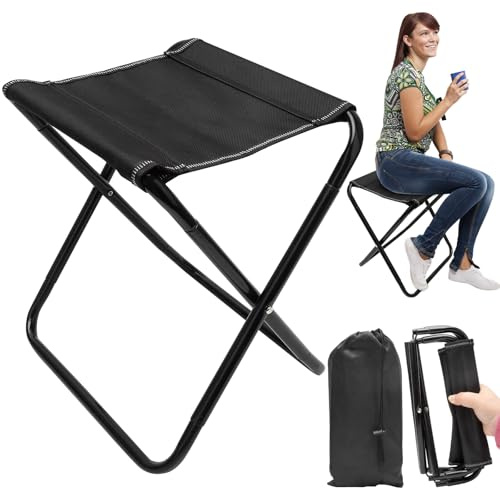 LOMUG Campinghocker Tragbarer Klapphocker, Mini Klappstuhl Camping Hocker Klein Faltbar Hocker Angelhocker mit Tasche für Reisen Wandern Garten Angeln Grillen Strand Picknick Trekking Jagd (Schwarz)