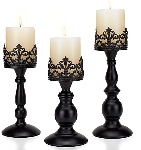 Vintage kerzenhalter 3er Set, 21cm, 22cm, 30cm, Schwarze Metall Kerzenständer für stumpenkerzen, Kerzenhalter für Tischdeko, Wohnzimmer, Kamin, Gothic Kerzenteller Deko