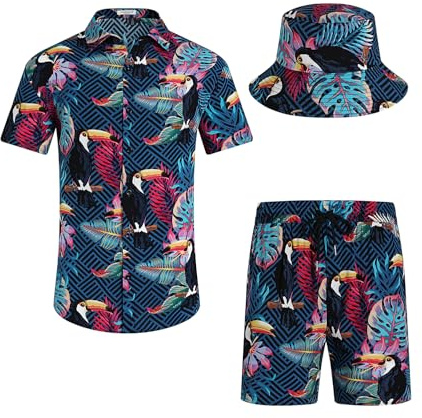 SPKPKEY Hawaiiansk skjorta och shorts för män, set i 2 delar, ledig button-down-skjortor, sommar, strandkläder med fiskhattar, marinblå, XXL