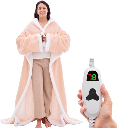 greenoak Wearable Heated Throw Blanke Electric Snuggle - Heated Robe with Foot Pocket for Adult, Winter Gifts for Mom Women 5-Position Timer 10-Heating Levels,50 * 70,Pink