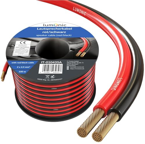 Lumonic Cavi per altoparlanti | 100m Rosso Nero | 2x 2,5mm² CCA | Cavo per diffusori HiFi | Linea audio doppia