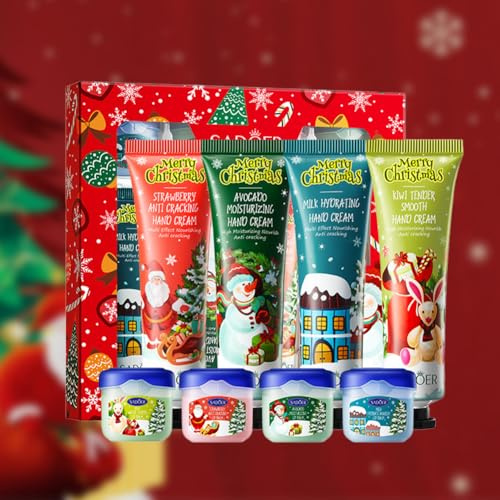 Crema Manos Navidad, Mini de Manos+bálsamo Labial Navideño, 8 Pcs Agrietadas y Secas, Cuidado Nutritivo de Los Labios, Regalos Navidad Mujer
