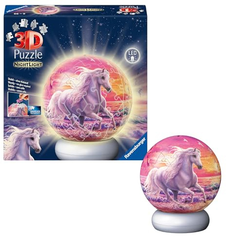 Ravensburger 3D Puzzle Horses on the Beach - 3D Puzzle Children from 6 Years - Puzzle Ball with LED Night Light as Bedside Lamp for Children - Horse Gifts for Girls and Boys - 12008054
