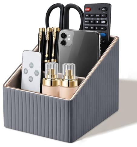 FARYODI Pennbox, skrivbordsorganisatör, skrivbordsorganisatör av PU, multifunktionell pennhållare och fjärrkontrollhållare med 3 fack för TV-kontor och hemmakontor skrivbordsorganisatör (grå)