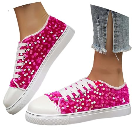 Nuqqichongtian Sneaker da donna con glitter – Sneaker da donna con plateau traspirante con lacci, comode e leggere con paillettes metalliche, con strass, scarpe da corsa all'aperto