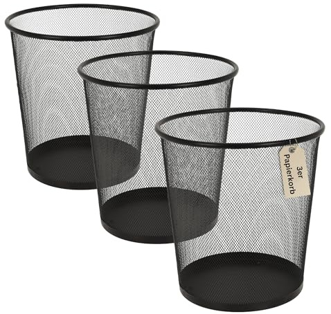 Metall Papierkorb 3er-Set aus Drahtgeflecht – Rund, 28 cm Höhe & 26,5 cm Durchmesser – Stabiler Mülleimer für Büro, Home-Office & Haushalt – Schwarz & HLKauf-Block