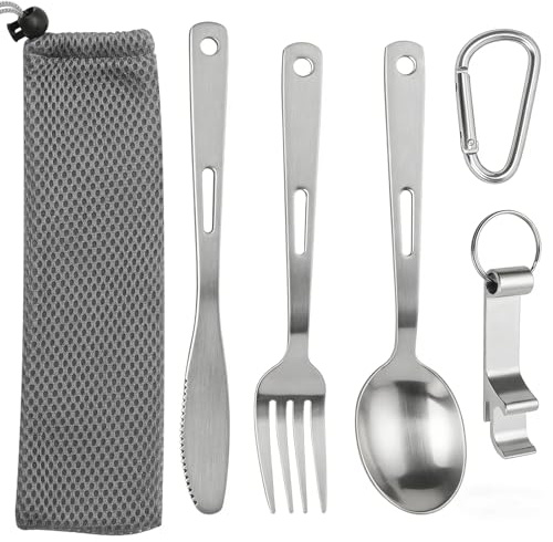Campingbestick-set, sked gaffel kniv flasköppnare rostfritt stål med bestickväska, bärbara utomhus bestick resebestick 1 person för resor, camping