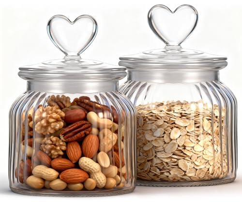 Hejo 2er Set Vorratsgläser mit Deckel Luftdicht | 650ml Bonbonglas mit Herzform – Süße Keksdose Glas für Küche, ideal als stylischer Vorratsspender für Müsli, Nüsse und Tee