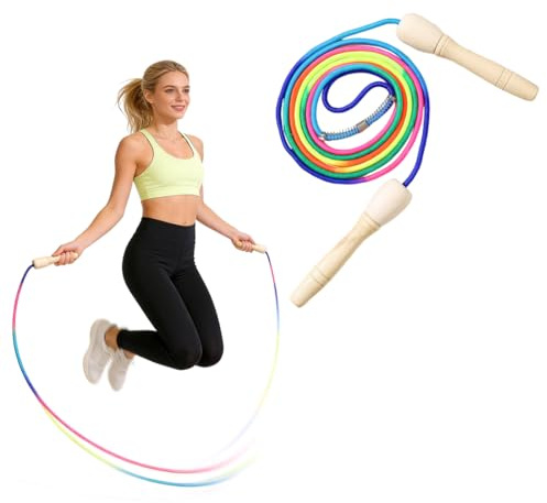 CATZUM Corda per saltare regolabile per fitness, corda per saltare bambini e bambina, corda giochi con manici in legno, per bambini e bambine dai 4 ai 10 anni (250 cm) (Arcobaleno)
