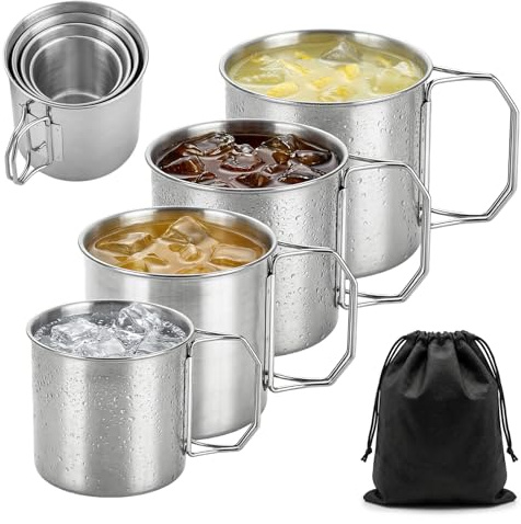 4 tazze con manico in acciaio inox, 250 ml/350 ml/500 ml/700 ml, tazza termica in acciaio inox, con manico pieghevole e sacchetto di conservazione, leggera in acciaio inox 304, per attività all'aperto