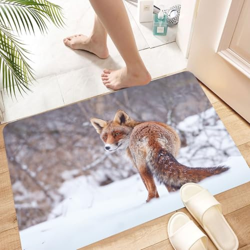 HYOSXW Alfombra de Baño Antideslizante 40x60 cm,Zorro, Campo, Paisaje nevado, Peludo, Animal Salvaje, Caza, vulpino, frío inv,Microfibra Súper Absorbente y Suave, Alfombrilla Lavable y Ducha o Bañera