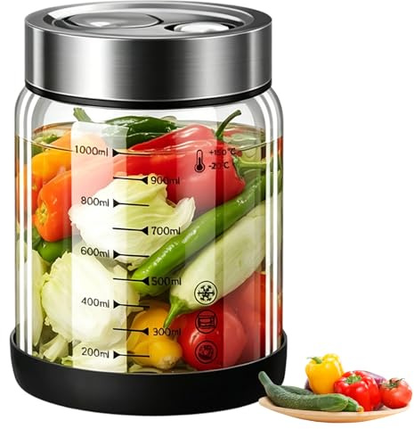 Feegela 1 l fermenteringsglas med jäsventil och lock, kefir glas kimchi-behållare, vattenkefir jäsglas, fermenteringsglas för surkål och grönsaker, lufttät och BPA-fri, skalad