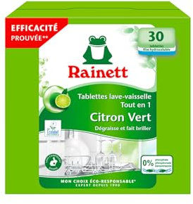 RAINETT - Tablettes Lave-Vaisselle Tout-en-Un au Citron Vert - Dégraisse & Fait Briller Sans Traces - Etui Carton Recyclé & Recyclable - Ecolabel - 30 Tablettes