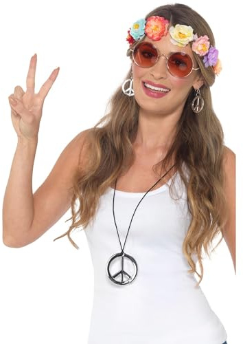 Smiffys Hippie Festival Kit, Multi-Coloured Flower Headband, Glasses, Medallion & Earrings, 1960's Groovy Fancy Dress, Adult Dress Up Accessories