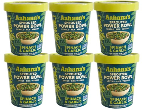 Aahana’s Spinach & Garlic Sprouted Power Bowl - Gluten-Free Plant-Based Instant Meal with Sprouted Lentils and Grains - 18g Protein, 12g Fiber, Vegan, Non-GMO, Kosher - Ready in 5 Minutes (6 Pack)