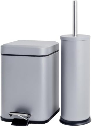 Harbour Housewares 3L Bathroom Bin & Brush Set - Matte Grey - 2pc Mismatched Stainless Steel Square Pedal Bin & Round Toilet Brush Set Slim Small Trashcan for Kitchen Waste, Bathroom Rubbish
