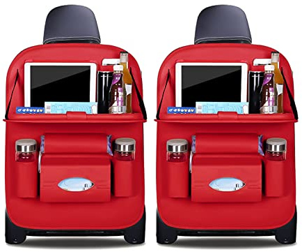 Ergocar Auto Organizer Rückenlehnenschutz Luxus Autositzschutz aus PU-Leder mit faltbarem Tablethalter wasserdicht Rückenlehnenschutz Rückenlehnen-Tasche für Kinder (Rot - 2 Pack)
