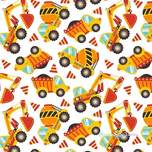 Pingianer 100x160cm Auto Baufahrzeuge Polizei Feuerwehr 100% Baumwolle Baumwollstoff Kinder Meterware Handwerken Nähen Stoff (Baufahrzeuge Orange Weiß, 100x160cm (11,99€/m))