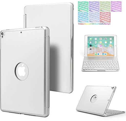 QYiD Funda con Teclado para iPad Mini 5/ Mini 4, 7 Colores Retroiluminación Teclado Bluetooth 360 giratoria Funda de Aluminio para iPad Mini 5 2019(5th Gen)/ iPad Mini 4 2015, Auto Sleep/Wake, Plata
