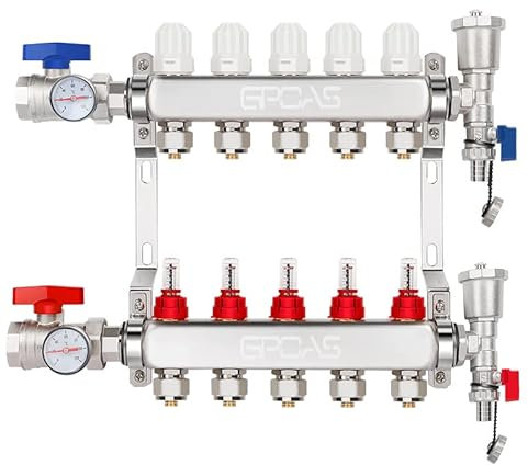 Collettore radiante radiante a 5 rami per riscaldamento a pavimento Pex radiante idronico per tubi PEX da 1/2, set collettore Pex a 5 anelli