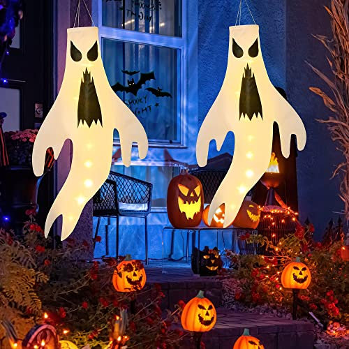 Solpex Halloween Ghost Windsäcke 2 Stück Gruselige Halloween Deko Geist hängende Windsack Flagge, warm Lichtern Halloween Geist Dekorationen für Außen- und Innenbereich, Garten, Zuhause, Hof
