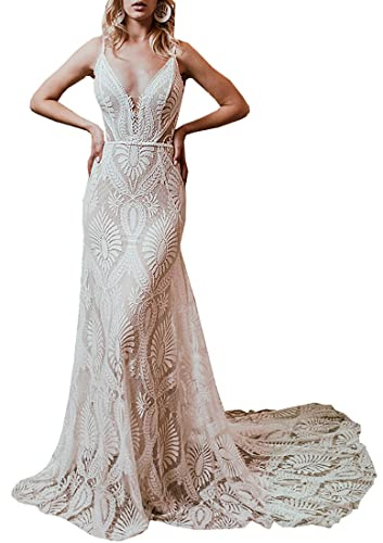 Women's Wedding Dresses Beach for Bride 2023 Vintage Long Sleeves Lace Bohemian Bridal Gown Light Champagne US10