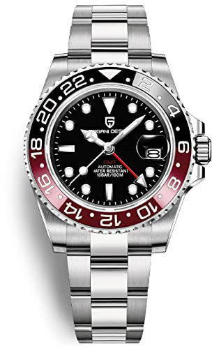 Men Watch Pagani Design GMT Watches for Men Automatic 40MM Date 100M Waterproof Stainless Steel Sapphire Glass Mechanical Wristwatches PD-1662 (3 Black Red)