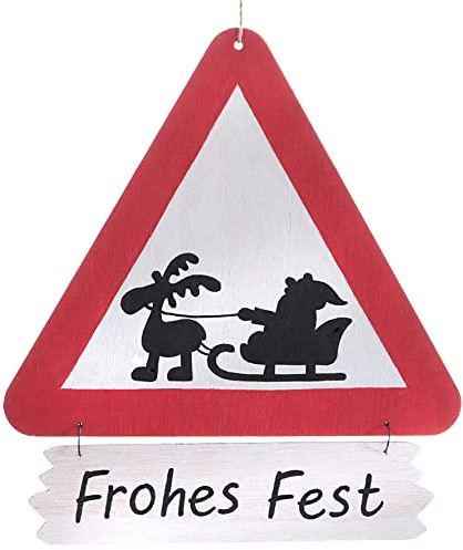 Señal de tráfico «Achtung Santa Claus» – 28 cm – Decoración de puerta de Navidad – Cartel de madera para colgar – Trineo de Adviento de Nicolás – Idea de regalo