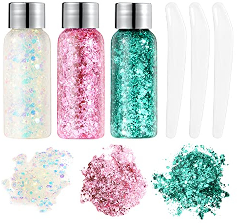 URAQT Paquillage, Paillettes Corps, Sirène Paillettes Chunky Glitter Liquide Fard À Paupières Body Gel pour Festival Fête Noël Pâques Maquillage Décoration(Blanc + Rose + Vert)