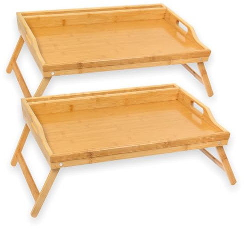 Rocco Schramm e.K. 2 Stück Frühstückstablett Bambus Tablett wählbar in 2 Bambustablett klappbar Serviertablett Frühstück Betttablett mit Tabletthalterung Ablagefach, Farbe:Bambus