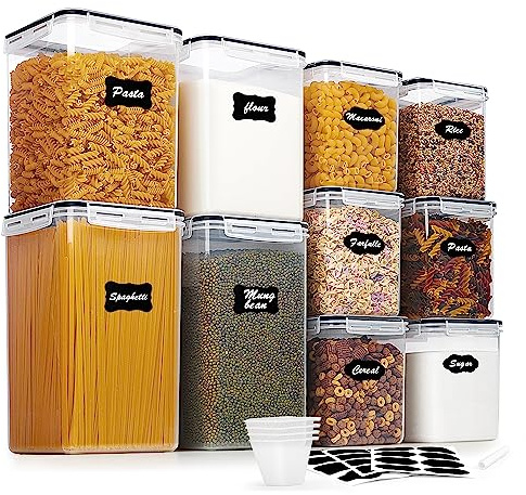 Vtopmart 10 PCS Flour and Sugar Storage Container, Large Airtight Food Canisters with Lids for Kitchen, Pantry Organization, BPA Free, Black