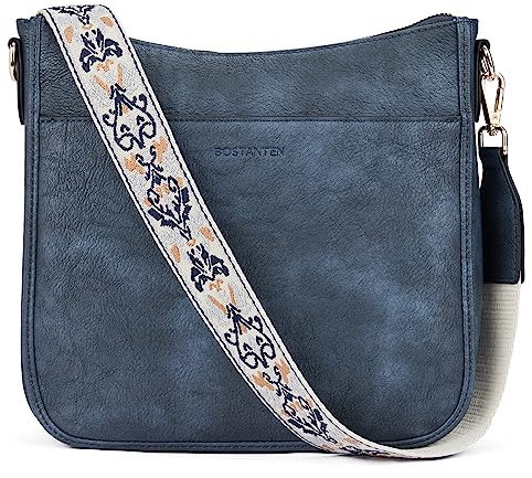 BOSTANTEN Handtasche Damen Mittelgroß Umhängetasche Crossbody Bags Leder Schultertasche für Frauen Shopper Tasche mit Verstellbarem Farbigem Riemen Dunkelblau