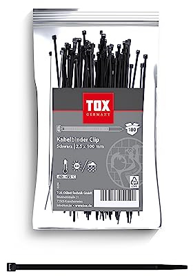 TOX Fascetta per cavi, nera, resistente ai raggi UV, per uso universale all'interno e all'esterno, per un fissaggio sicuro in casa, ufficio e giardino, dimensioni 2,5 x 100 mm, 100 pezzi, 099600020
