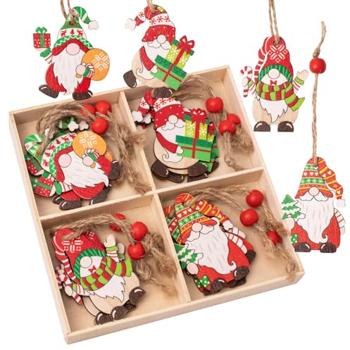 ZYDYRX 12 Piezas Adornos Navidad Colgante Madera Papá Noel Adornos del árbol Navidad Conjunto Adornos del árbol de Navidad Colgante Navidad Madera 4 Patrones Diferentes C