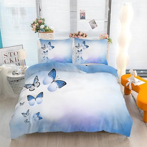 Linfye Housse de Couette 220x240 cm Papillon Violet Parure de Lit Adulte avec Fermeture Éclair, Linge de Lit Parure Housse Couette 2 Personnes en Microfibre + 2 Taie d'oreiller 65x65 cm