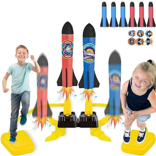 XFLYP Razzo Spaziale Giocattolo, Lanciarazzi Bambini Gioco a Due Giocatori con 6 Razzi di Schiuma, Lanciarazzi Giocattolo per Giochi Regalo Bambino 4 5 6 7 8 9 10 Anni Maschio