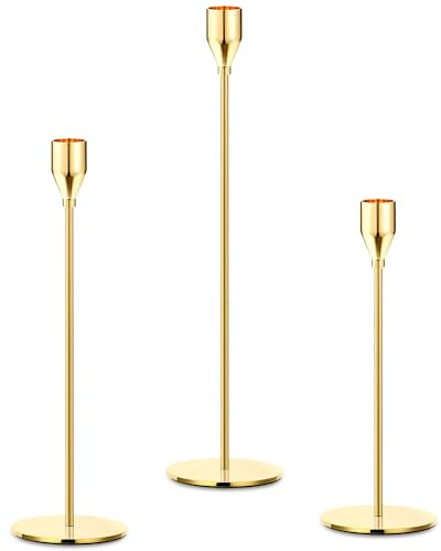 3 Pcs Candle Candlestick Holders, Imitation Gold Table Candle Holders Stands Vintage, Tapered Candle Pillar Holders for Fireplace, Living Room, Dinning Table, Wedding Ornaments Decorations