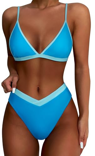 SUUKSESS Women Triangle High Cut Bikini Sets Sexy High Waisted Color Block Two Piece Swimsuits Push Up Bathing Suits(Blue,XL)