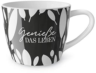 La Vida Tasse en porcelaine - Motif feuilles - Profitez de la vie - Noir et blanc - 400 ml