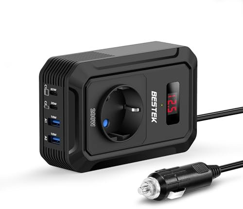 BESTEK Inversor 12v 220v Onda Pura 200W,Transformador 12V a 220V Convertidor Onda con 2 AC Tomas Y 2 USB-C (65 W y 30 W) 2 USB-QC (18 W) sinusoidal con Protección para Barco,Caravana,Coche（Negro）
