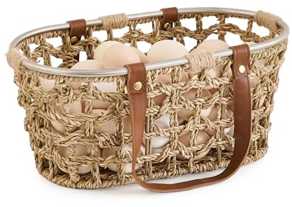 Farmhouse Seagrass Egg Baskets for Collecting Fresh Eggs Handmade Egg Collecting Basket Wicker Oval Storage Basket for Picnic, Harvest, Vegetable