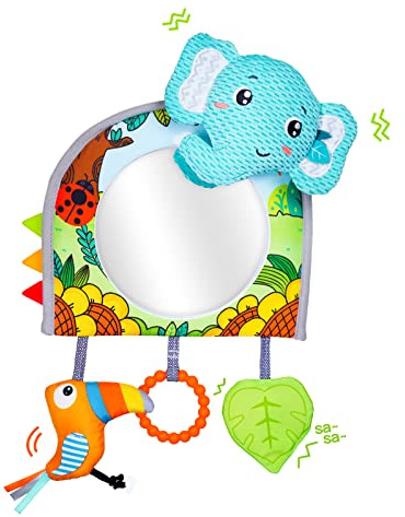 Jollybaby Baby-Autositz-Spielzeug, Kick and Play Activity Center mit Spiegel, Zahnen, Knitterpapier, Baby-Reisespielzeug für Autositz, einfacheres Reisen mit Neugeborenen (Blue Elephant)