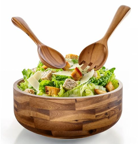 Tidita 30 cm salladsskål set med 2 trähänder – stor serveringsskål i akacia trä med serveringsredskap – stor blandskål för frukt, sallad, pasta för köksbänk (30 cm diameter x 11 cm höjd)