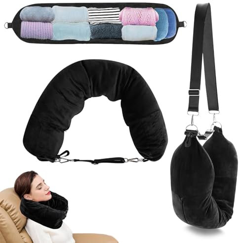 Baieye Almohada Viaje Rellenable Ropa,Terciopelo de Cristal Almohada Avion,MultifuncióN Portátil Cuello Viaje,con Bandolera Ajustable Desmontable,Espacio de Almacenamiento Adicional(Negro)