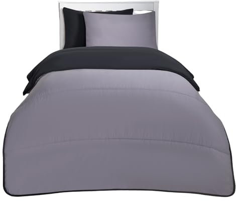 OHS Coverless Duvet Single 10.5 Tog, Microfibre Washable Reversible Quilted Travel Duvet, Black/Grey