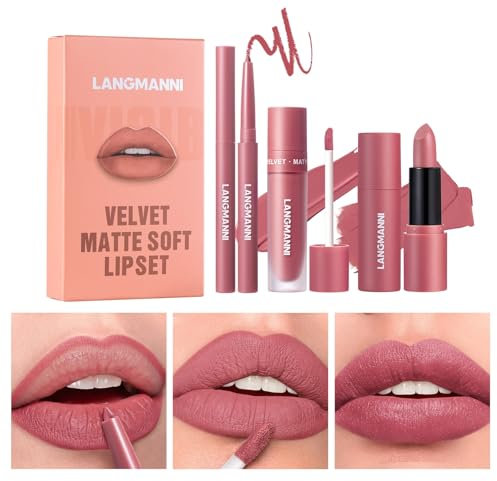 3PCS Matte Liquid Lipstick Lip Gloss & Liner Set - All-IN-One Lip Kit, Velvety Nude Color, Waterproof Make Up Set (# 04)