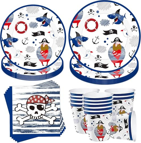 Sunshine smile 50 PCS Piraten Partygeschirr Set,Piraten Teller und Becher,Geschirr geburtstag,Geburtstag Becher Teller Set,geburtstag Geschirr Set,Partygeschirr Weihnachten