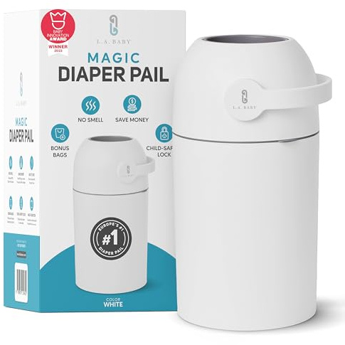 L.A. BABY Secchio magico per pannolini, sistema brevettato 100% inodore con chiusura sicura per i bambini, design premiato, non richiede ricarica, funziona con normali sacchetti della spazzatura,