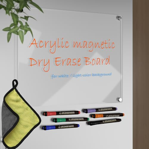 Acrylic Magnetic Dry Erase Calendar for Fridge Clear Blank Whiteboard Planner Erasable Planning Board 16 x 12 w/ 6 Dark Color Wet Erase Marker